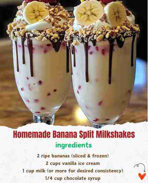 Homemade Banana Split Milkshakes 🍌🍦🍫 Ingredients: 2 ripe bananas (sliced & frozen) 🍌 2 cups van...