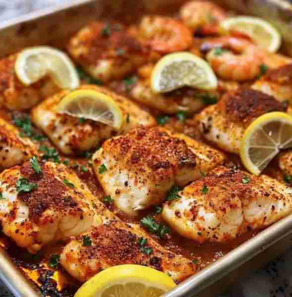 Spicy Baked Cajun Catfish and Shrimp with Zesty Lemon Butter 🐟🍤🍋 Ingredients: 2 catfish fillets (...