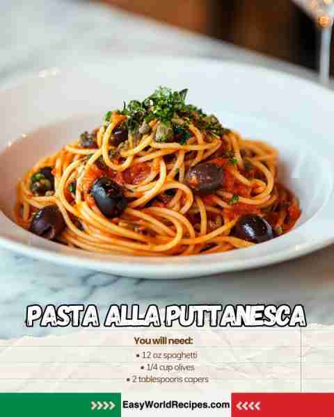 Zesty Pasta alla Puttanesca 🍝 Spaghetti with olives, capers & anchovies 🇮🇹🍅🫒 recipe in the (C0MM3...