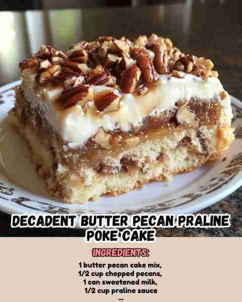 Decadent Butter Pecan Praline Poke Cake Ingredients: 1 box butter pecan cake mix 1/2 cup chopped...