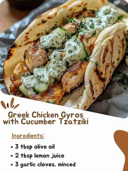 Greek Chicken Gyros with Cucumber Tzatziki Ingredients 3 tbsp olive oil 2 tbsp lemon juice 3 garlic...