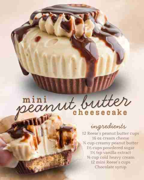 Mini Peanut Butter Cheesecakes! Ingredients 12 standard-sized Reese’s peanut butter cups, unwrapped...