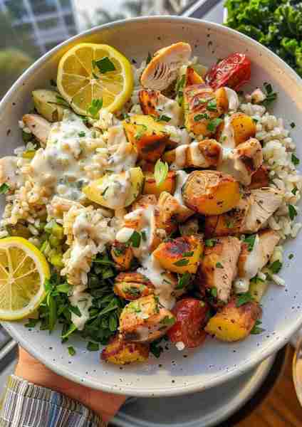 🍋 This Creamy Lemon Garlic Chicken & Crispy Potato Bowl is a fresh, zesty take on comfort food. Jui...