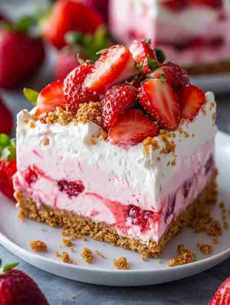 No-Bake Strawberry Split Cake 🍓🍰🍒 Layered, luscious, and loaded with berry goodness! This cake br...
