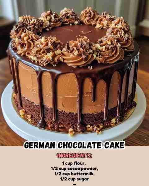German Chocolate Cake Ingredients: 1 cup flour 1/2 cup cocoa powder 1/2 cup buttermilk 1/2 cup...