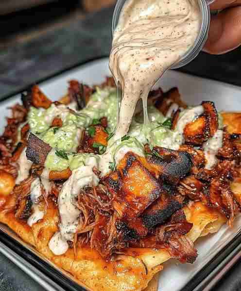 Loaded BBQ Pulled Pork Nachos with Avocado Ranch 🤤🔥🧀 A mountain of crispy tortilla chips piled h...