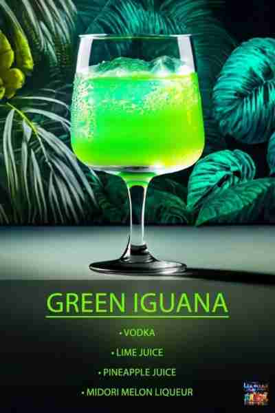 "Green Iguana" cocktail: Ingredients: 1 ½ oz Vodka ½ oz Lime Juice 1 oz Pineapple Juice 1 oz Midori...