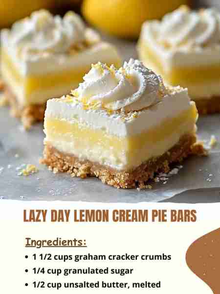 Lazy Day Lemon Cream Pie Bars Ingredients 1 1/2 cups graham cracker crumbs 1/4 cup granulated sugar...