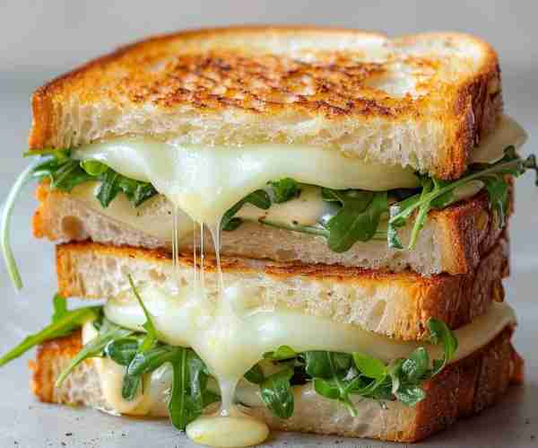 Gourmet Grilled Cheese with Greens Stacked to perfection! Dive into this crispy, melty stack of heav...