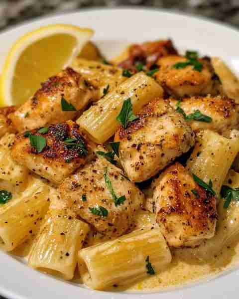 Garlic Butter Chicken Bites with Parmesan Alfredo Rigatoni Ingredients: For the Chicken Bites: 1.5 l...