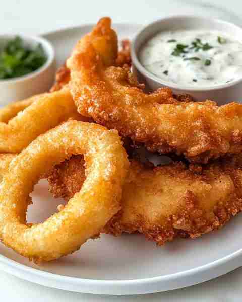 WOULD YOU EAT THIS CRISPY BATTERED COD AND ONION RINGS PLATTER Here’s a detailed recipe for Crispy B...