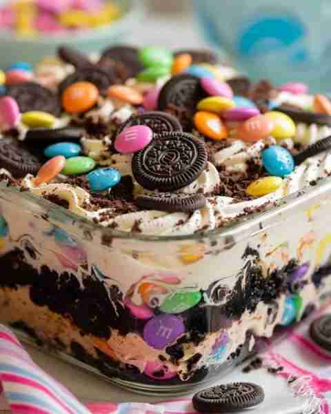 Oreo M&M Dessert Trifle Ingredients: For the crust layer: 1 package of Oreos (about 20 cookies) 1/4...