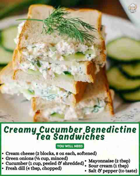 🥒 Creamy Cucumber Benedictine Tea Sandwiches 😋 Cool, creamy, and perfect for parties, showers, or...