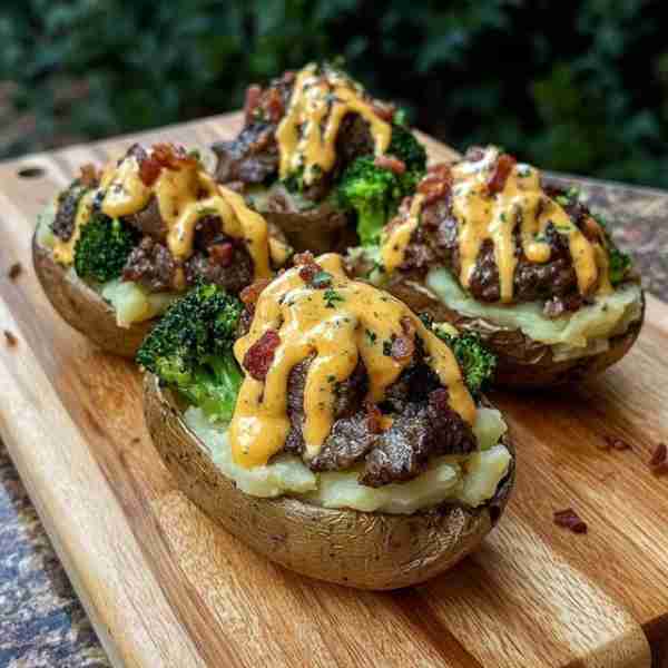 🥩 Loaded Steak & Broccoli Baked Potatoes with Cheese Drizzle 🧀🥓🌳 Crispy-skinned baked potatoes f...