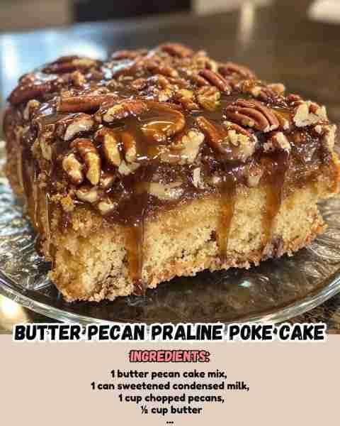 Butter Pecan Praline Poke Cake Ingredients: - 1 butter pecan cake mix - 1 (14 oz) can sweetened c...