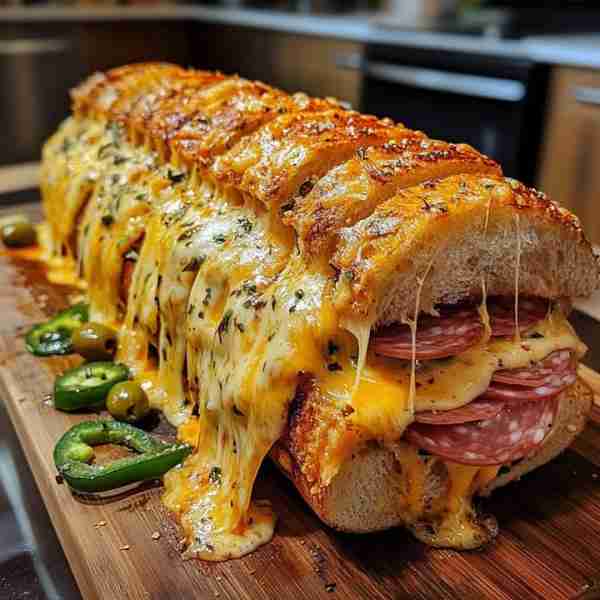 Giant Grilled Cheese Sub Sandwich with Pepperoni and Jalapeños 🧀🌶️🍞 Ingredients: For the Sandwich:...