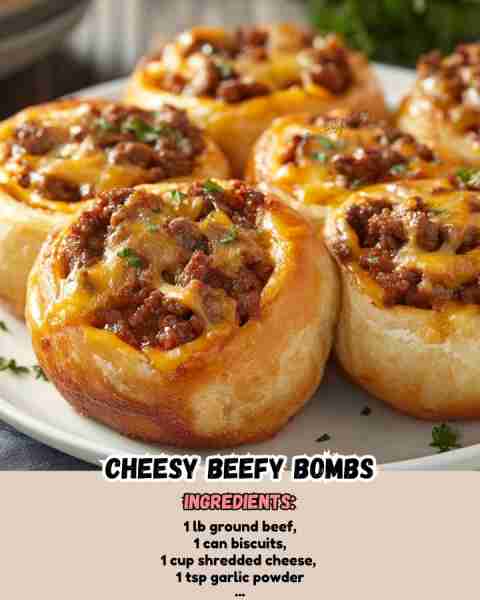Cheesy Beefy Bombs Ingredients: - 1 lb ground beef - ½ onion, diced - 1 cup shredded cheese - 1...