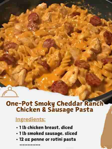 One-Pot 👦 Smoky Cheddar Ranch Chicken & Sausage Pasta Ingredients: 1 lb chicken breast, diced 1 lb...