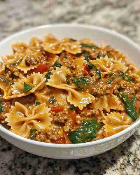 Creamy Tomato Beef Bowtie Pasta with Spinach and Parmesan Ingredients: 1 pound ground beef 1 large y...
