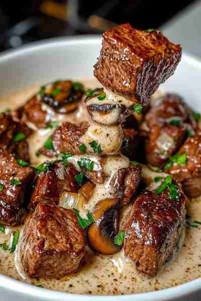 Steak with creamy mushroom sauce