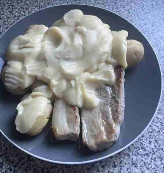 Succulent Pork Belly, baby potatoes and extra thick cheese sauce by Toria