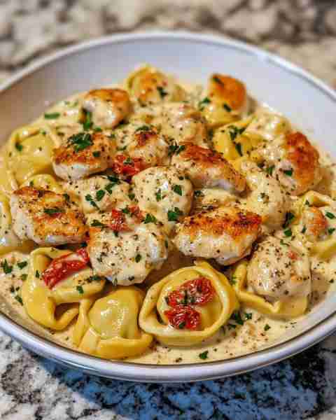 Cheesy Chicken Tortellini in Creamy Ranch Alfredo Ingredients: 1 pound cheese tortellini 1.5 pounds...