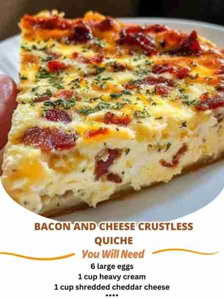 Bacon and Cheese Crustless Quiche Ingredients: 6 large eggs 1 cup heavy cream 1 cup shredded cheddar...