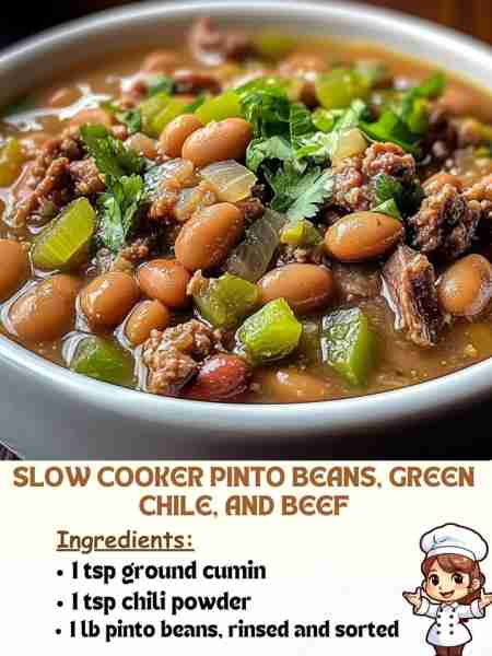 Slow Cooker Pinto Beans, Green Chile, and Beef Ingredients: 1 tsp ground cumin 1 tsp chili powder 1...