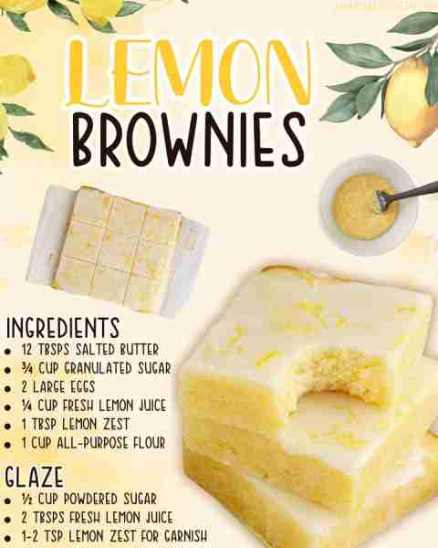 Lemon Brownies 🍋 12 Tbsps salted butter ¾ cup granulated sugar 2 large eggs ¼ cup fresh lemon juice...
