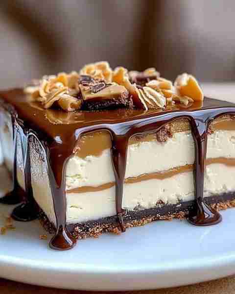 🍫🍰 No-Bake Twix Cheesecake 🍰🍫 📝 Ingredients: 2 cups crushed chocolate graham crackers ½ cup mel...