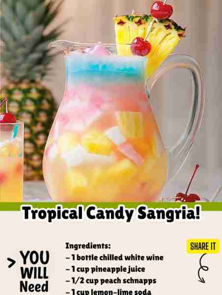 Get ready to sip on sunshine with this Tropical Candy Sangria! Perfect for gatherings or just a fun...