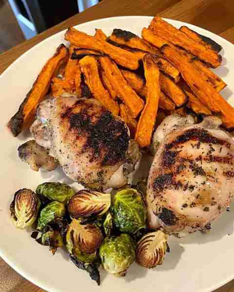 Herbed Chicken Thighs with Sweet Potato Fries & Brussels 🥔🍗 A crispy, savory dinner win packed wit...