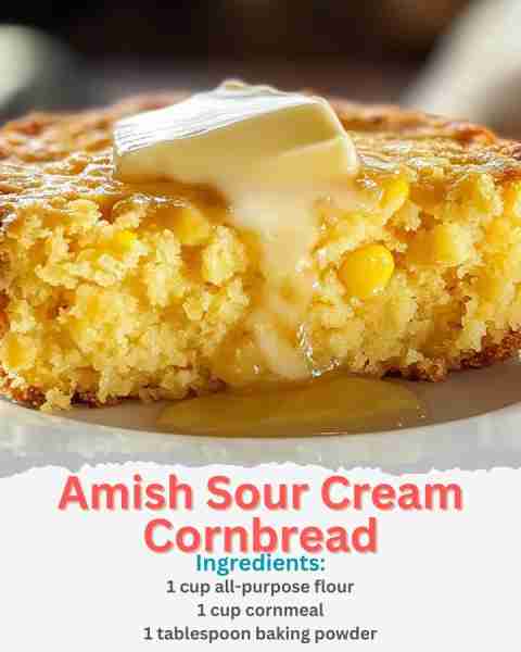 Amish Sour Cream Cornbread Ingredients: 1 cup all-purpose flour 1 cup cornmeal 1 tablespoon baking p...