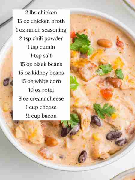 Crack chicken chili is made with juicy shredded chicken, bacon, ranch, and cheese combined with bean...