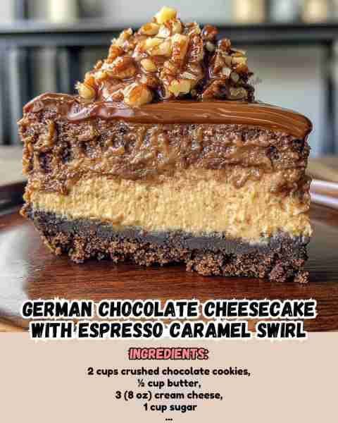 German Chocolate Cheesecake with Espresso Caramel Swirl Ingredients: Crust: - 1 ½ cups Oreo crumb...