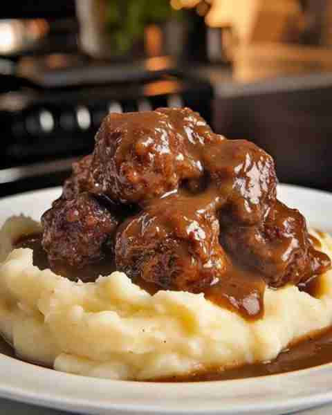Meatballs with Gravy over Mashed Potatoes 🍖🍽️ Ingredients: For the Meatballs: 1 lb ground beef 1 eg...