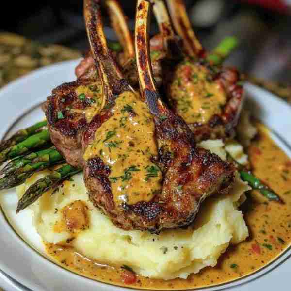 🍖 Herb-Crusted Lamb Chops with Garlic Mashed Potatoes, Roasted Asparagus & Creamy Mustard Sauce 🥔...