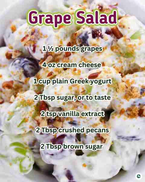 GRAPE SALAD! 🍇 1 ½ pounds grapes 🍇 4 oz cream cheese 🍇 1 cup plain Greek yogurt 🍇 2 Tbsp sugar,...