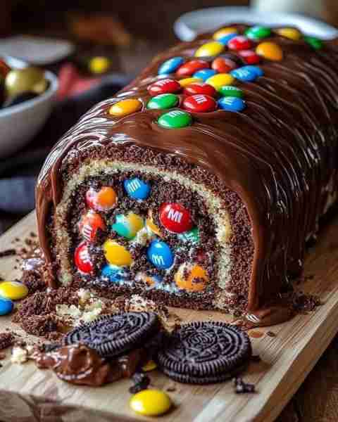 M&M's Ferrero Oreo Roll Cake 🍫🍪 This M&M's Ferrero Oreo Roll Cake is the ultimate dessert for cand...