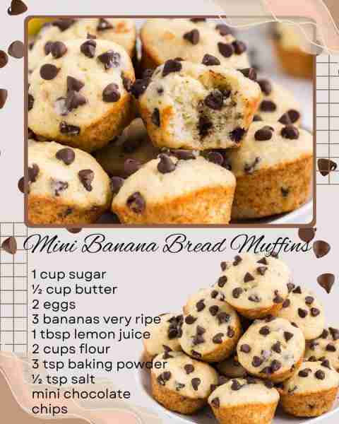 MINI BANANA BREAD MUFFINS! 1 cup sugar ½ cup butter 2 eggs 3 bananas very ripe 1 tbsp lemon juice 2...