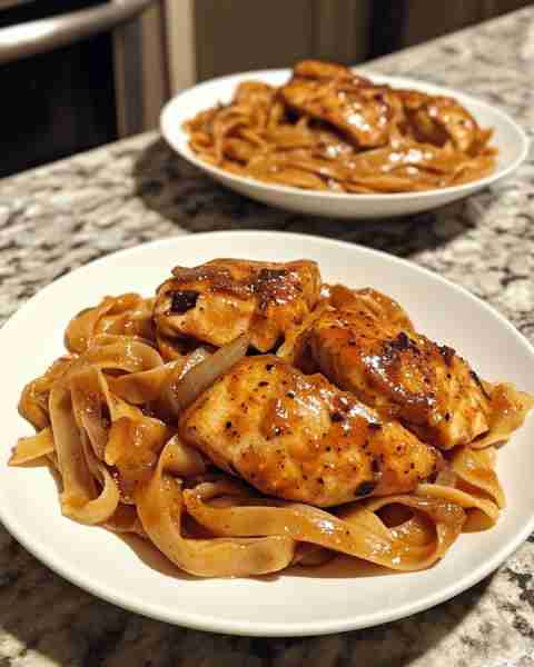 Paprika Chicken with Caramelized Onion Pasta Creamy Paprika Chicken over Caramelized Onion Penne Ing...
