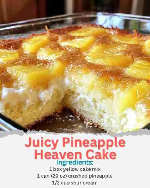 Juicy Pineapple Heaven Cake Ingredients: 1 box yellow cake mix 1 can (20 oz) crushed pineapple (with...