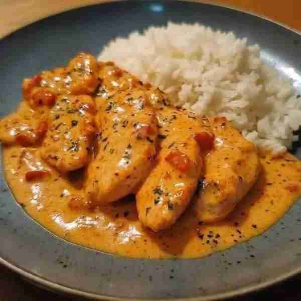 "Aiguillettes de Poulet en Sauce Crémeuse au Chorizo 🤤🔥🐔 Ingrédients: * 500g aiguillettes de poul...