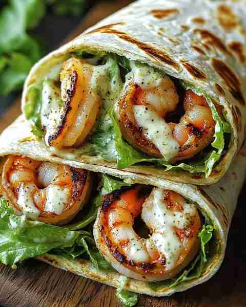 Garlic Shrimp Caesar Wrap 🌯🦐 Ingredients 🛒 1 lb shrimp, peeled and deveined 1 tbsp olive oil 2 cl...