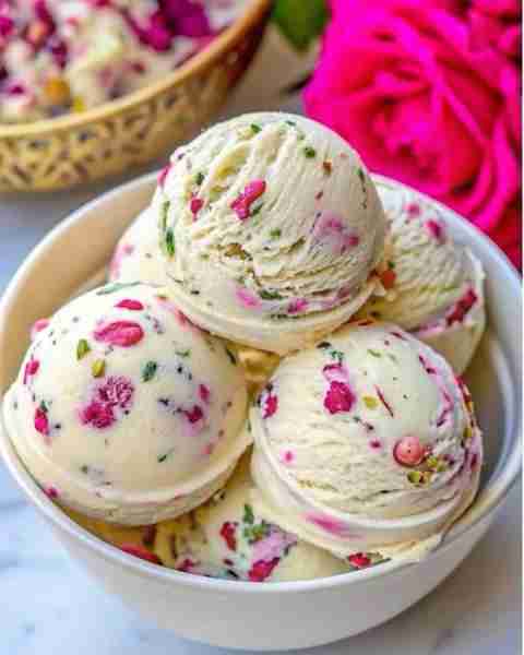 Rose and Pistachio Ice Cream Ingredients: 2 cups heavy cream 1 cup whole milk 1 cup granulated sugar...