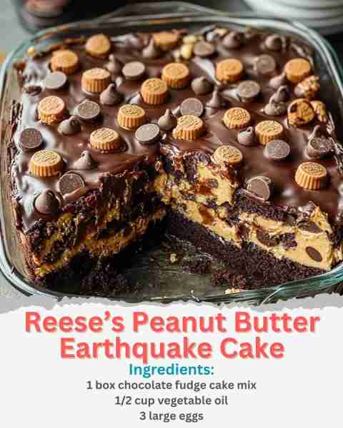 Reese’s Peanut Butter Earthquake Cake Ingredients: 1 box chocolate fudge cake mix 1/2 cup vegetable...