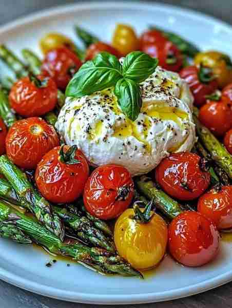 Roasted Asparagus & Cherry Tomatoes with Burrata Ingredients: 1 bunch of asparagus 1 cup cherry toma...