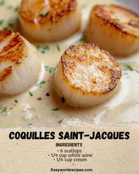 🇫🇷 Coquilles Saint-Jacques (Scallops in Cream Sauce) Seared scallops in a light white wine cream sau...