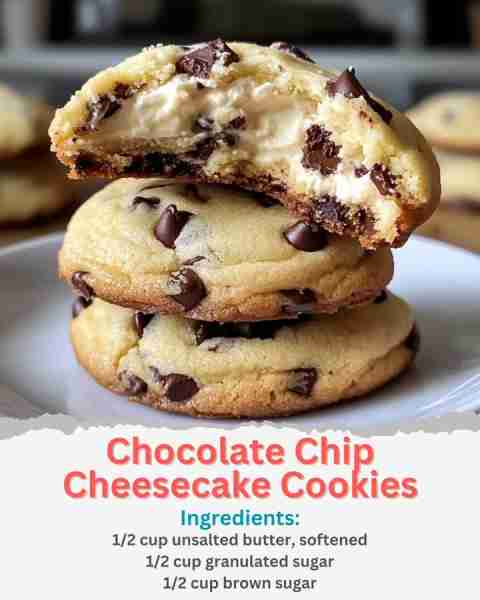 Chocolate Chip Cheesecake Cookies Ingredients: 1/2 cup unsalted butter, softened 1/2 cup granulated...