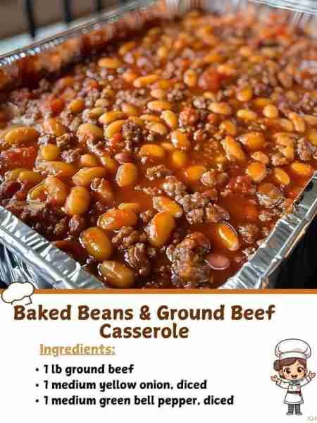 Baked Beans & Ground Beef Casserole Ingredients 1 lb ground beef 1 medium yellow onion, diced 1 medi...